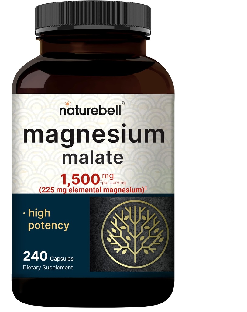 NatureBell Magnesium Malate 1.500mg, 240 Kapseln | Chelat für hohe Absorption | Energie & Nervous System Unterstützung | Non-GMO, Gluten-Free