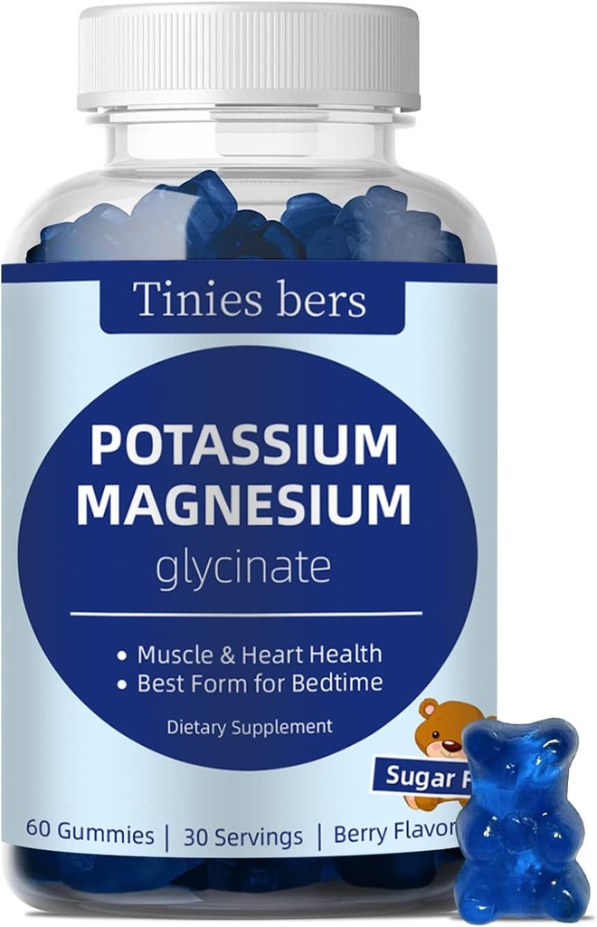 Gummie di Magnesio di potassio, Gummie di potassio Zucchero gratuito per i bambini adulti, Crampe di sostegno e salute del muscolo e del cuore, Gummie di glicinato di magnesio migliori per il tempo di letto, vegano, non OGM, aroma di bacche, 60
