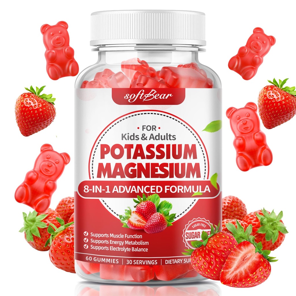 Softbear Potassium Gummies per Adulti, Alto assorbimento Magnesio Supplemento di potassio con vitamina B6 per Gambe &amp; Muscolo Salute Zucchero Vegan Strawberry 60 Gummies