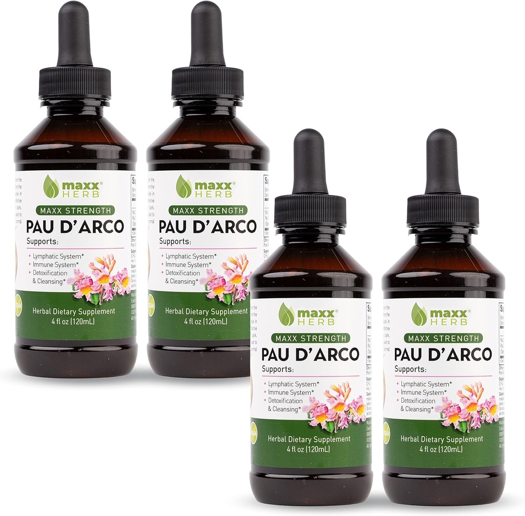Maxx Herb PAU D'Arco Tincture - Max Strength PAU Darco Extrakt für Immununterstützung, Taheebo Tea Inner Bark absorbiert besser als PAU Darco Kapseln - 4 Flaschen, 4 Oz Jeder (240 Servierungen)