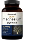 Naturebell Glycinate de magnésium pur 500mg, 240 Capsules de Véggie.100% Chélaté et purifié – 3ème partie testée, Vegan Friendly, Non-OGM, Sans remplissage