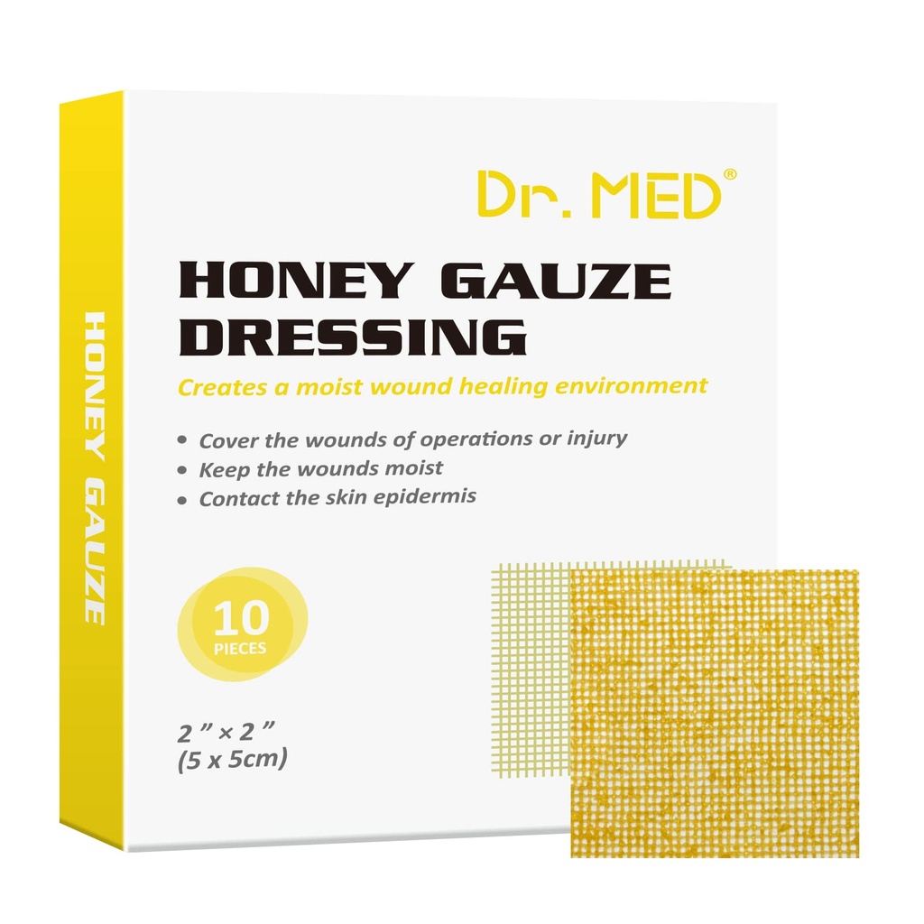 Dr. Med Honey Gauze Dressing, 2" x 2" (10 PCS/Box) Honey Medical Bandage Wound Care Patch für Minor Abrasionen, Schnitte, Schnürungen, Skalierte und Brennpunkte für Wound Healing, Chemical und Drug Free