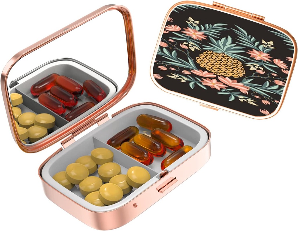 Cute Small Pill case for Pockets & Purses,Elegant Pill Box Makes a Great Gift,2 Compartment Travel Medicine Organizer Stores Progesterone,Capsule Pills, Ibuprofen, Vitamins-Rose Gold2