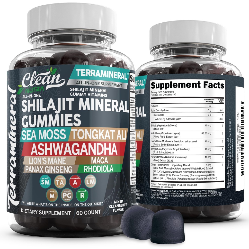 Terramineral Shilajit Gummi mit Irish Sea Moss Tongkat Ali Ashwagandha Lion's Mane MACA Panax Ginseng Rhodiola & Cordyceps von Clean Nutra (1)
