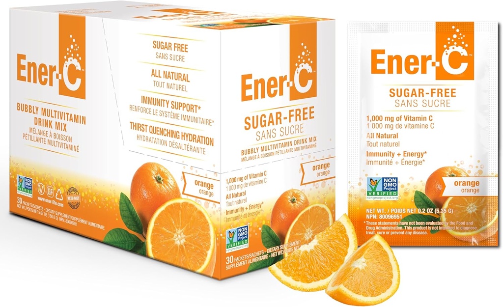 Ener-C Sugar Free Energy Orange Multivitamin Drink Mix Vitamin C 1000mg & Elektrolyte - Natürliche Immunität Unterstützung mit echten Fruchtsaftpulvern Non-GMO Vegan & Gluten Free - 30 Count