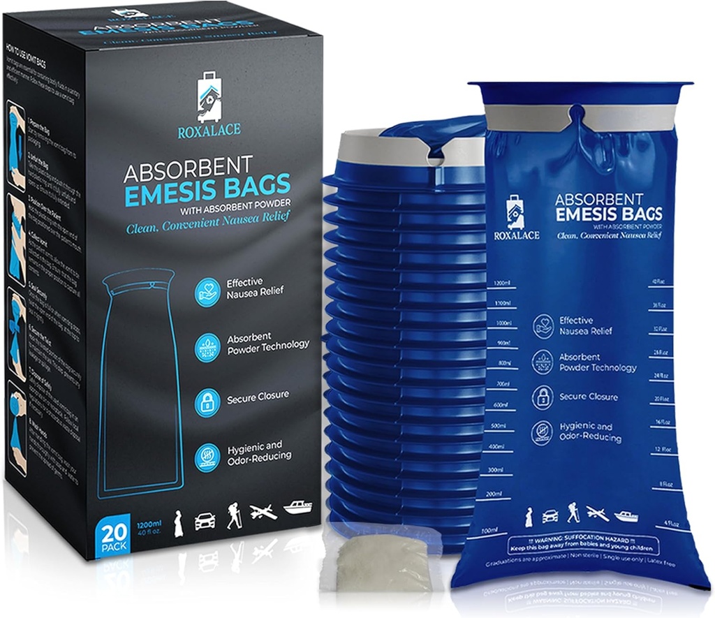 Sacs ROXALACE® Emesis avec poudre absorbante pour la nausée et le soulagement des vomissements - 20 Pack 1200ml, Travel-friendly, Solution Hygiénique pour la maladie du mouvement, la maladie du matin, les soins et les urgences