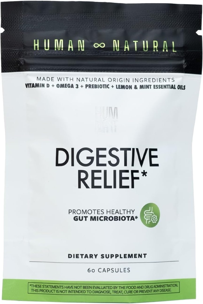 Rilievo Digestivo | Formula Vegan con Vitamina D, Omega-3, HMO, Olio di Chia, Olio di Limone e Menta piperita | Rilievo per Bloating & Gut Health | 60 capsule