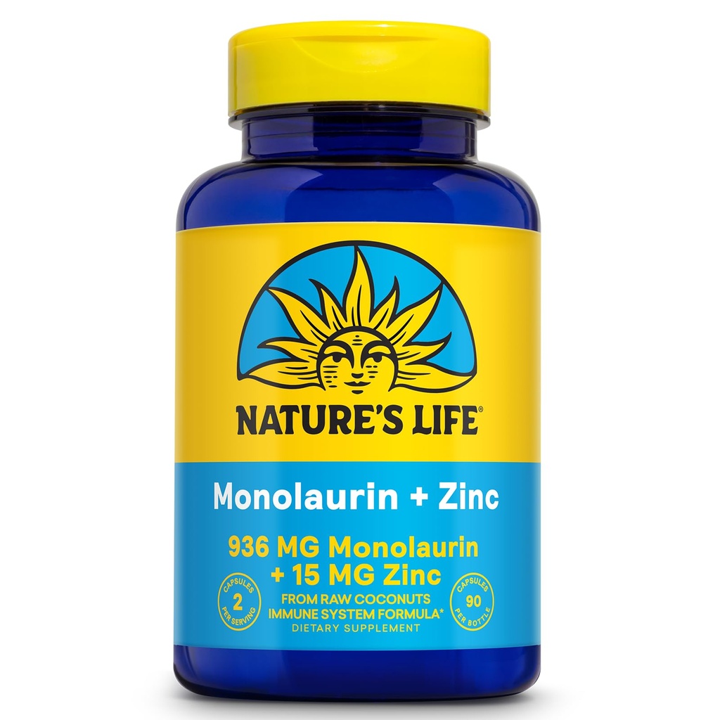 Nature's Life Monolaurin Plus Zink Immununterstützungsergänzung - 936mg Monolaurin aus Roh-Kokos, Zink 15mg, unterstützt Gut Gesundheit, Balanced Gut Flora, 60-Day Garantie, 45 Serv, 90 Vegetarische Kapseln