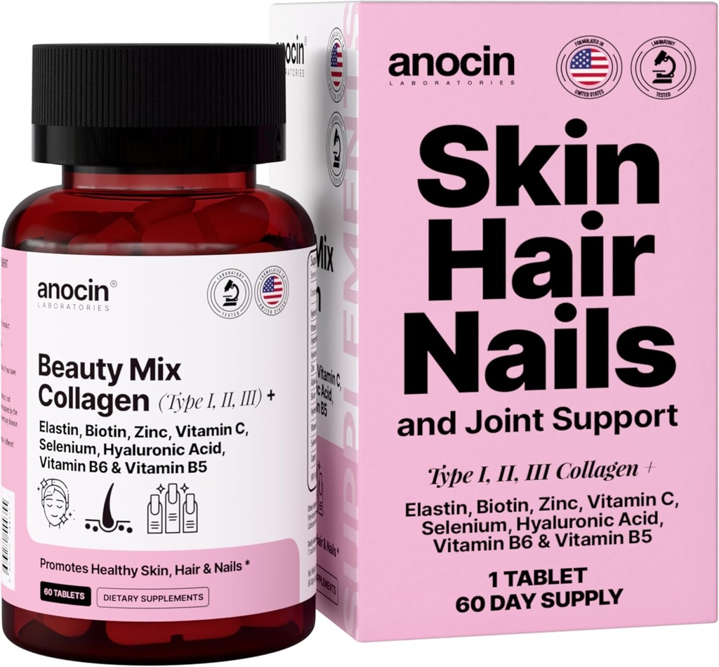 Mélange de beauté testé cliniquement Collagène pour femmes + Biotine + Élastine + Zinc + Vitamine C + B6 + B5 + Sélénium + Acide hyaluronique - Vitamines pour la croissance des cheveux, la peau des cheveux et les ongles, Suppléments de collagène