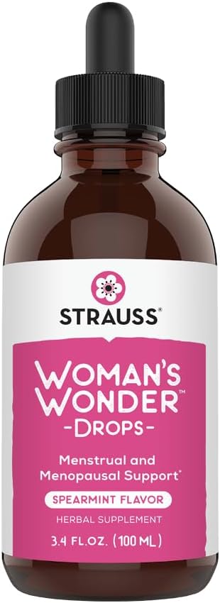 Strauss Heartdrops Woman's Wonder Drops; complément de soutien menstruel et ménopausique dans le goût de Spearmint, formule naturelle, sans gluten, sans soja, sans OGM, 3,4oz Bouteille