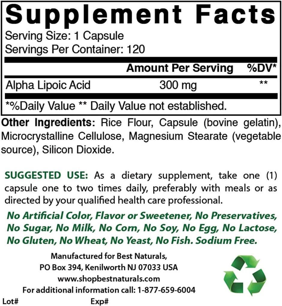 Best Naturals Alpha Lipoic Acid 300 mg & COQ10 100 mg