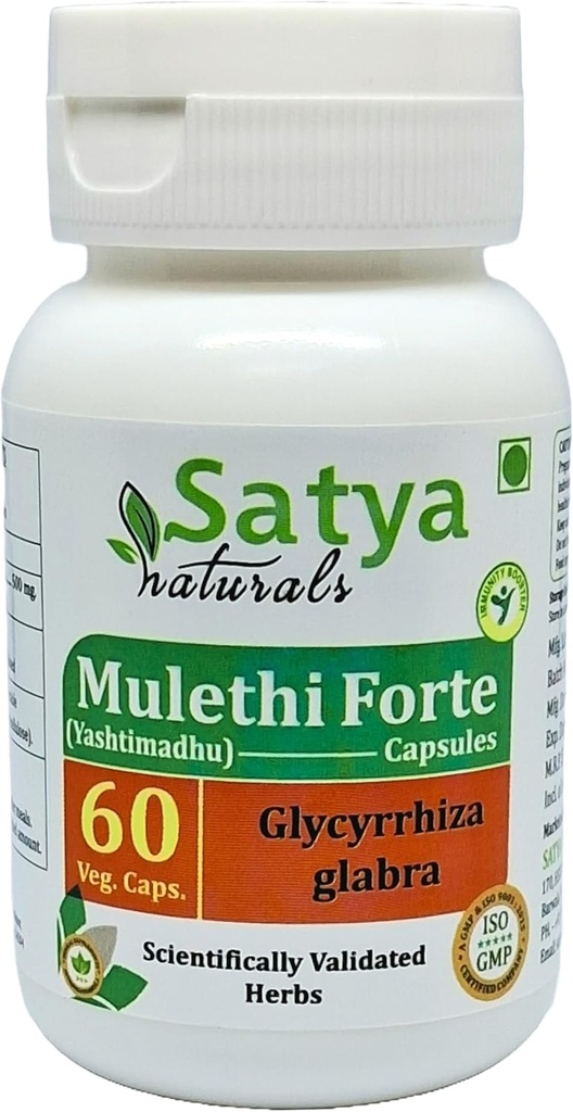 Mulethi Forte Capsules 500 mg. 60 Veg. Kapsel | Yasthimadhu (Glycyrrrhiza Glabra) Extrakt Kapseln für Männer und Frauen | Ayurvedic Herbal Supplement/Remedies | 10:1 Forte (1 Flasche 60 Kapseln)