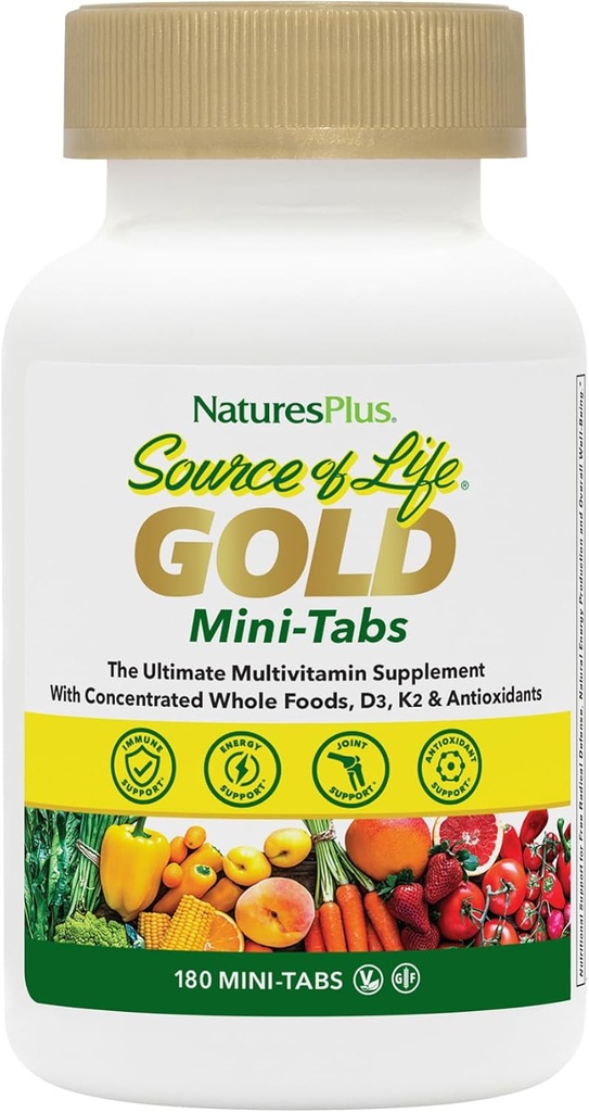 NaturesPlus Quelle des Lebens Gold Multivitamin - 180 Mini-Tabs, Paket von 2 - mit Vitaminen D3, B12 & K2 - Vegetarisch & Glutenfrei - 60 Gesamt Servierungen