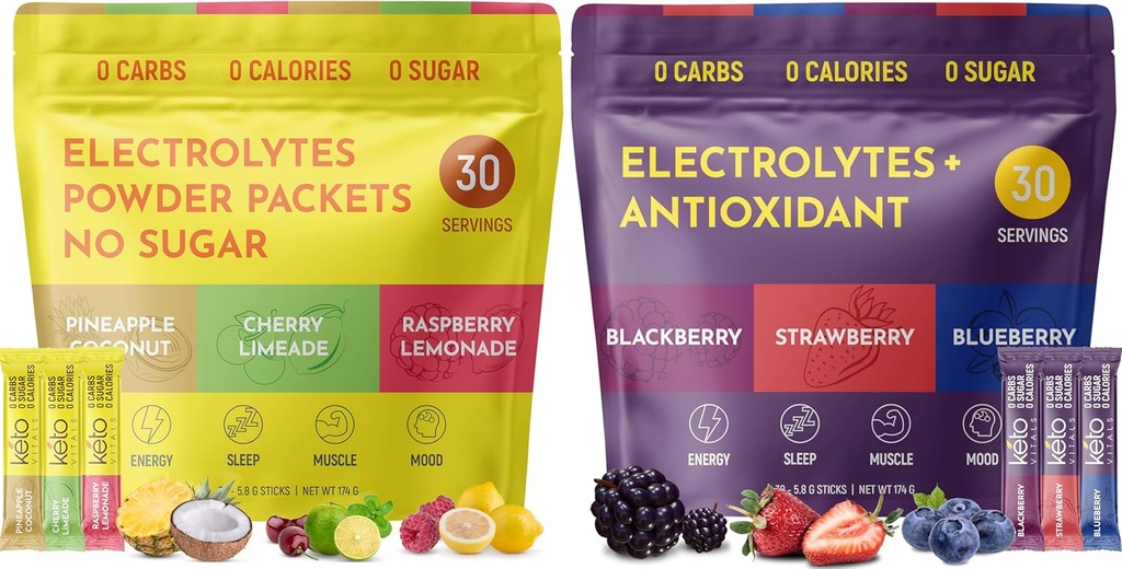 Keto Vitals Tropical & Berry Assortiment de 2 packs Mélange de poudre d'électrolyte: Tropical & Berry Assortiment de saveurs - sans sucre et sans calorie Zéro Mélange de boissons électrolytes, 60 portions