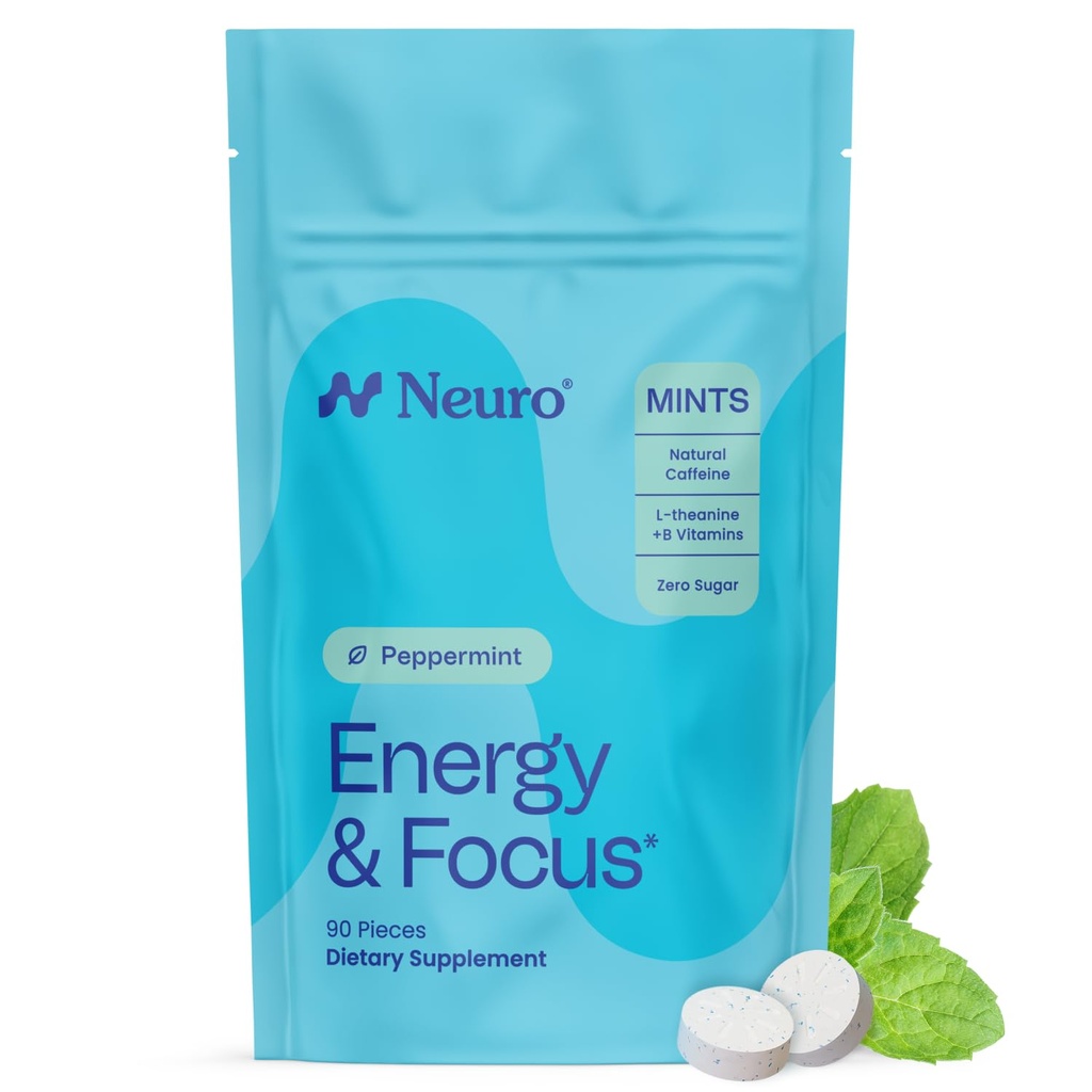 NeuroGummi Energy & Focus Mints (90 Count Bag, Peppermint) | 40mg Natürliches Koffein + L-Theanin + Vitamin B12 & B6 | Zucker Kostenlose Nootropic kognitive Gehirnleistungsergänzung