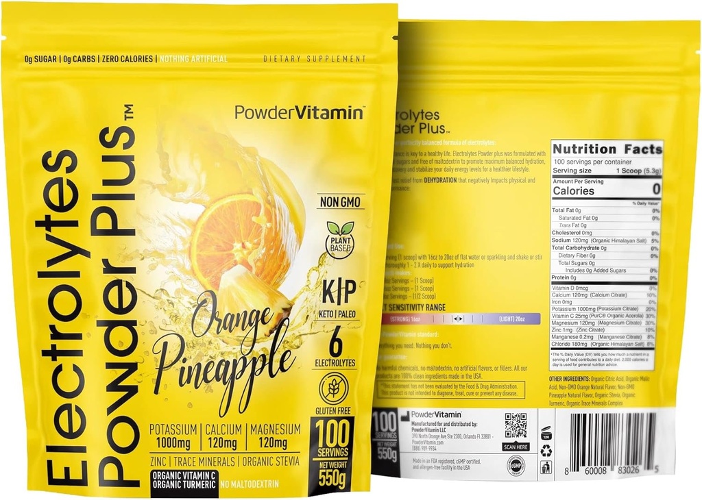 PulverVitamin Elektrolyte Pulver Plus (100 Portionen) Orange Ananas Elektrolyt Pulver Zero Calorie, Keto, 0 Zucker, Kein Maltodextrin, 1000mg Kalium, 120mg Calcium, 120mg Magnesium, Hydration Pulver