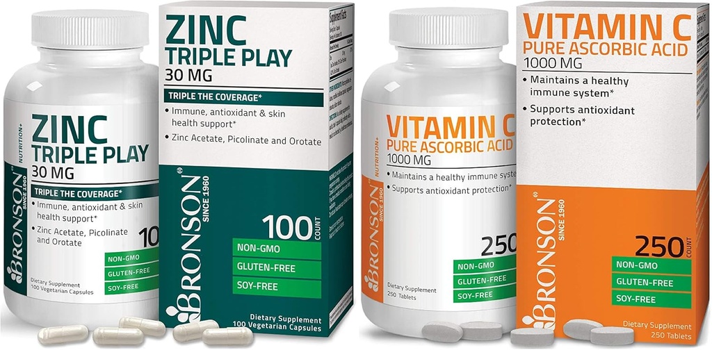 Bronson Vitamin C 1000 mg Premium Non-GMO Ascorbic Säure + Bronson Zink Dreifach Spielen 30 mg Dreifache Abdeckung Immununterstützung Zink-Ergänzung