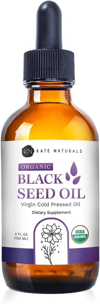 Kate Naturals Organic Black Seed Oil (4oz, Jungfrau, kalt gepresst, Non-GMO) Liquid Nigella Sativa für Immununterstützung und Verdauung. Pure Blackseed Cumin Öl für Haare und Haut