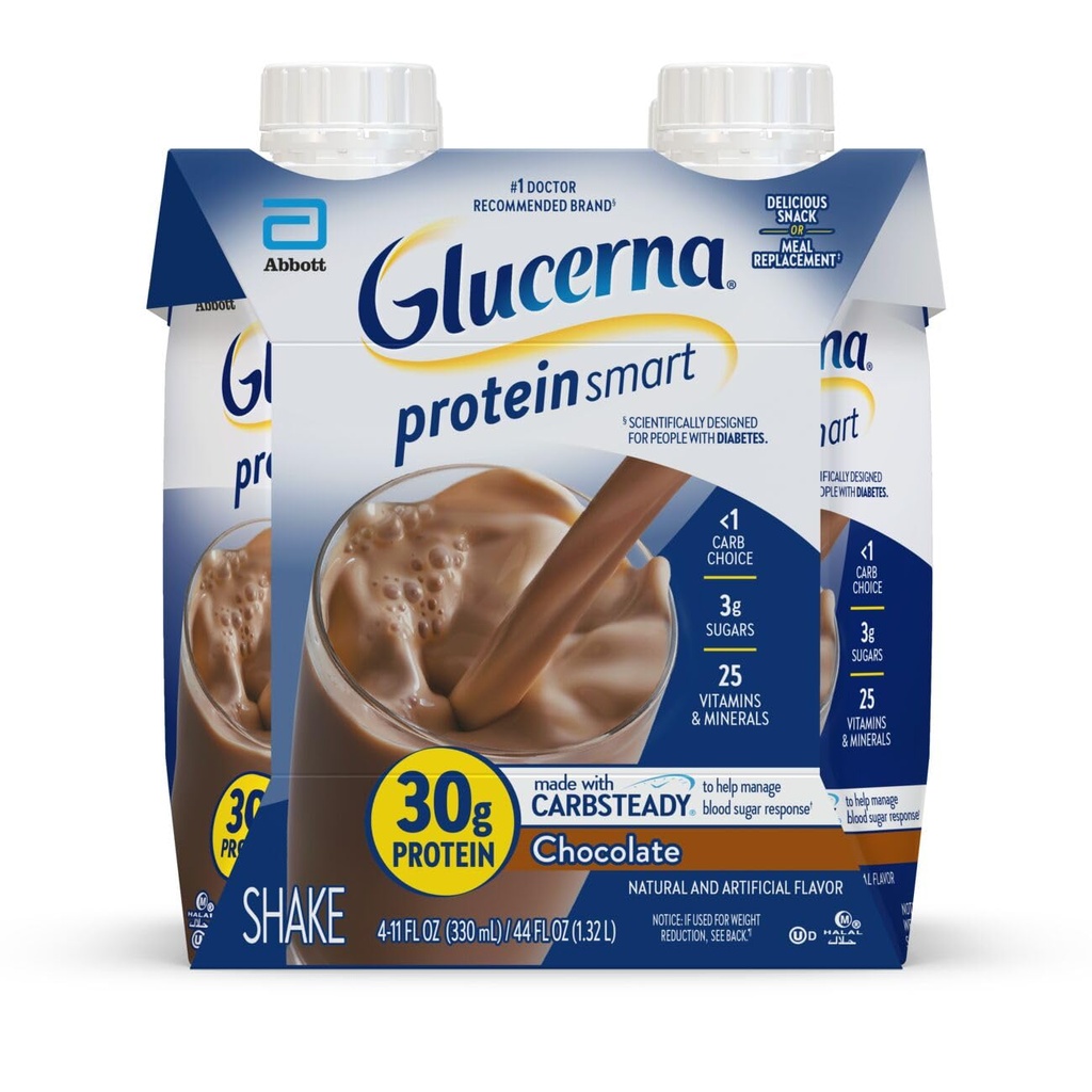 Glucerna Proteine Smart Diabetes Care Shake, Cioccolato, Sostituzione del meal diabetico per sostenere la gestione dello zucchero nel sangue, 30g Protein, 150 Calorie, Pronto per bere, Bottiglia 11-fl-oz, 4 Pack