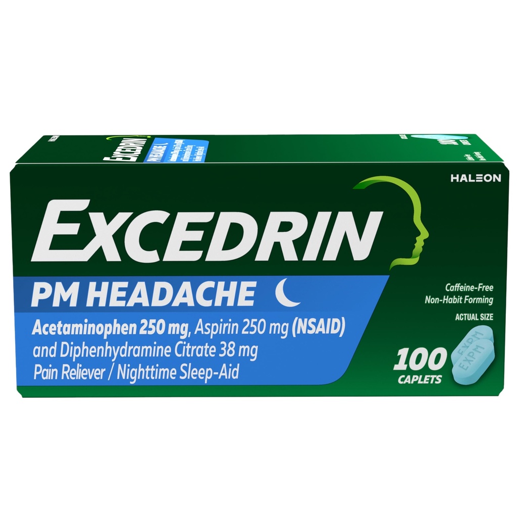 Excédrine PM pour le soulagement des maux de tête, Acétaminophène 250mg, Aspirine 250mg, Diphénhydramine Citrate 38mg, analgésique, Sleep-Aid nocturne, 100 Compte
