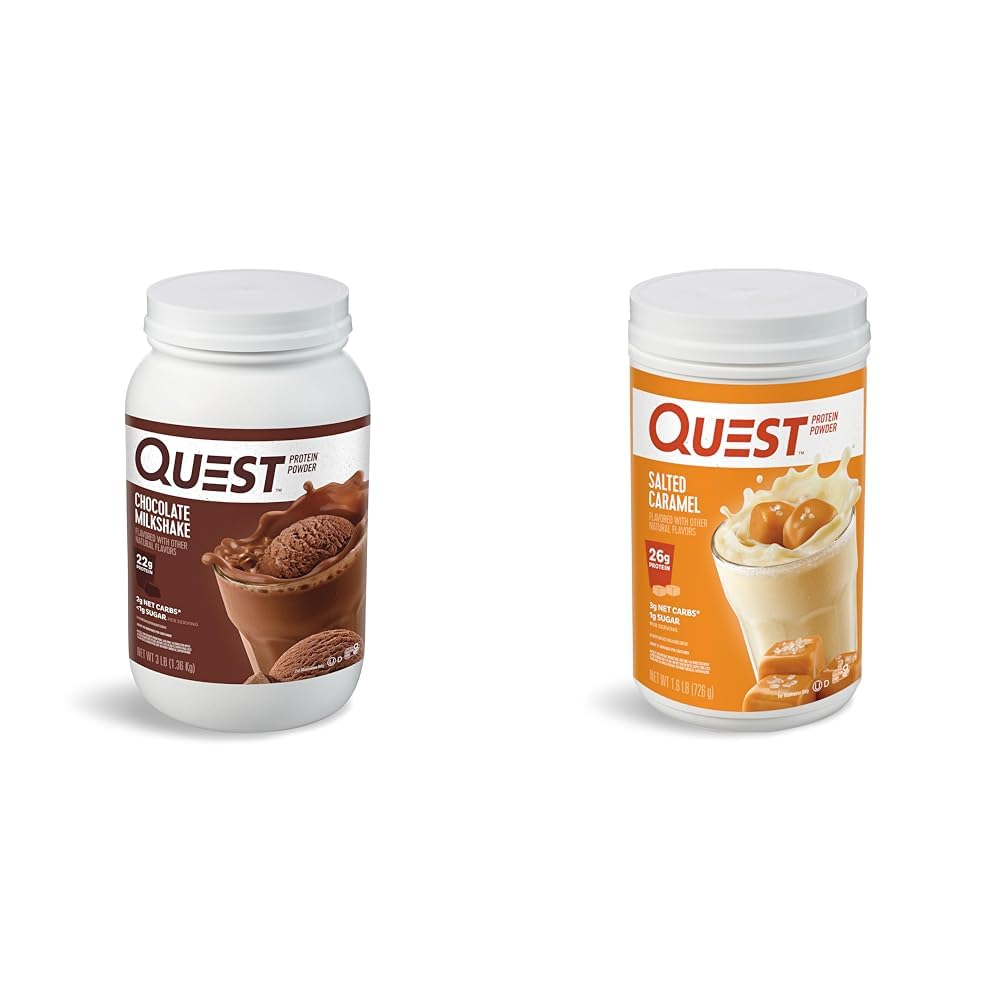 Quest Nutrition Chocolate Milkshake Protein Powder, 22g Protein, 1g Sugar, Carb basso, Gluten Free, 3 Pound, 43 Servings & Salted Caramel Protein Powder; 26g Protein; 1g Sugar; Carb basso; Gluten Free