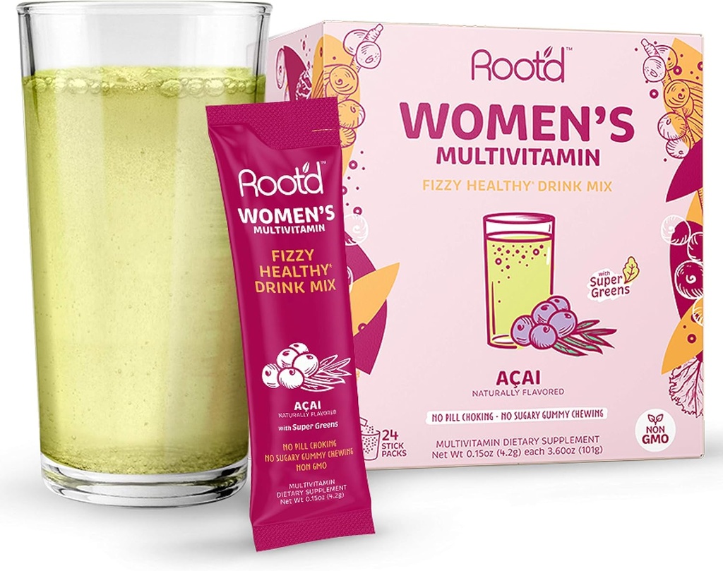 Root'd - Polvere multivitamina per le donne - con 25 vitamine e minerali | Vitamina A, C, D, E, B12, B6, K, ferro, probiotici, elettroliti, Super Verdi organici | Acai naturale | 24 pacchetti a bastone effervescente