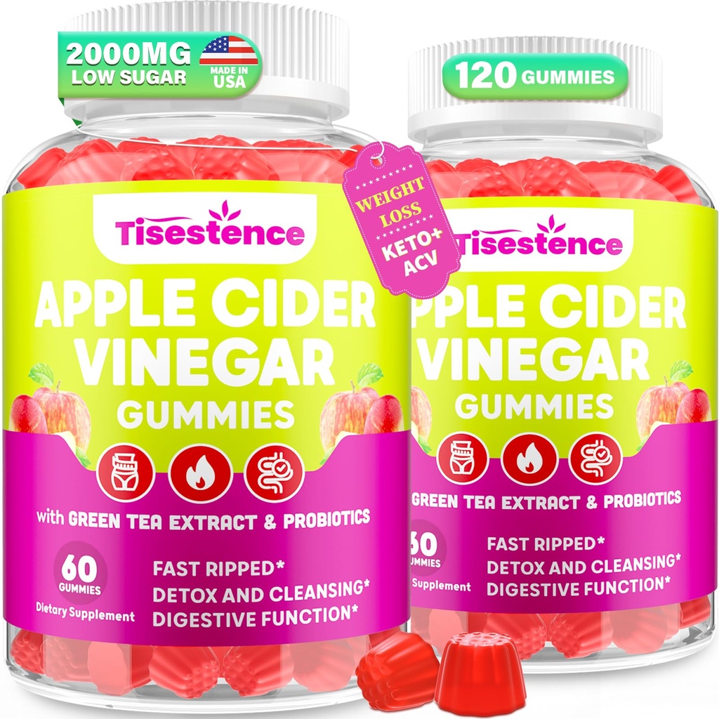 Apfel Apfelessig-Gummien, Keto ACV-Gummien für Frauen und Männer, Apfelessig-Ergänzung mit Grüner Tee, B12, Probiotisch für Detox Cleanse, Stoffwechsel & Verdauungs-Gesundheit, Vegan - 2 Monate Versorgung