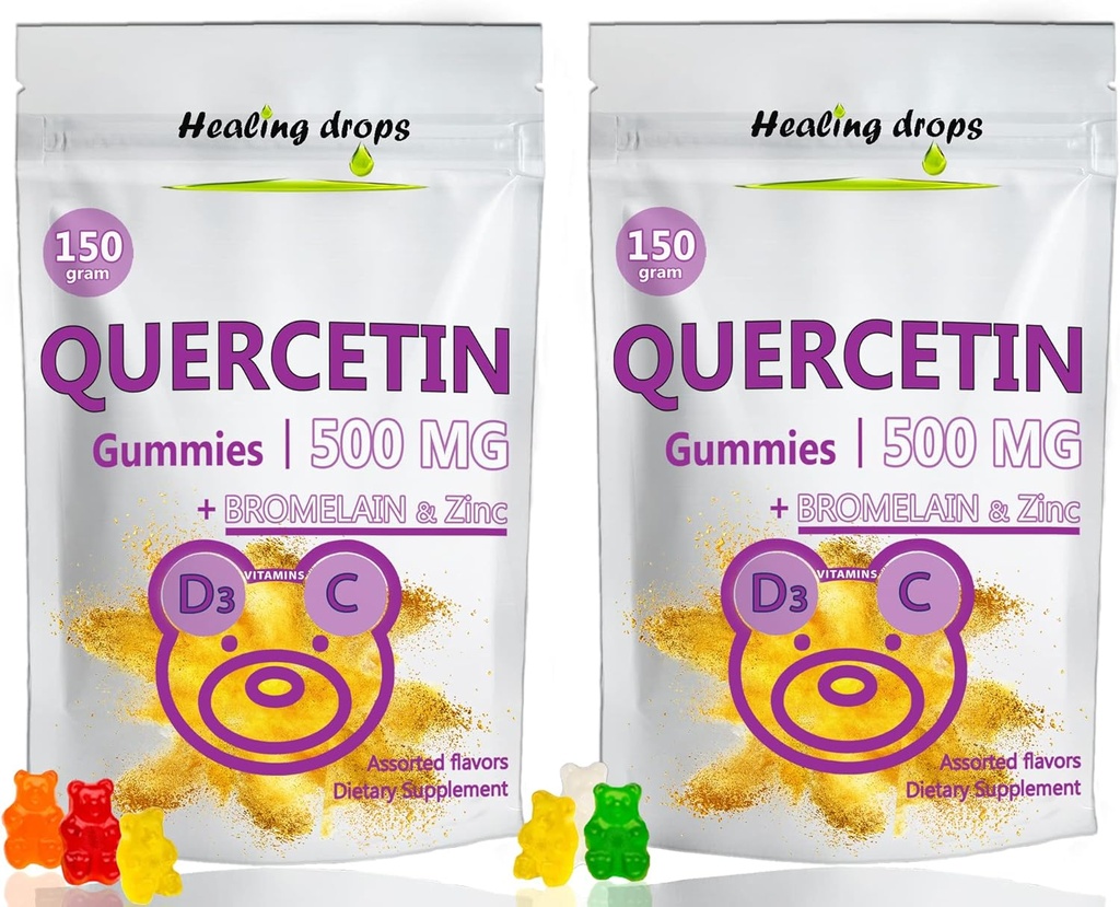 Quercetin avec Gommies de Bromélain - Vitamine C + Zinc + Vitamine D3 - Quercetin 500mg Gommies pour enfants et adultes (2 paquets)