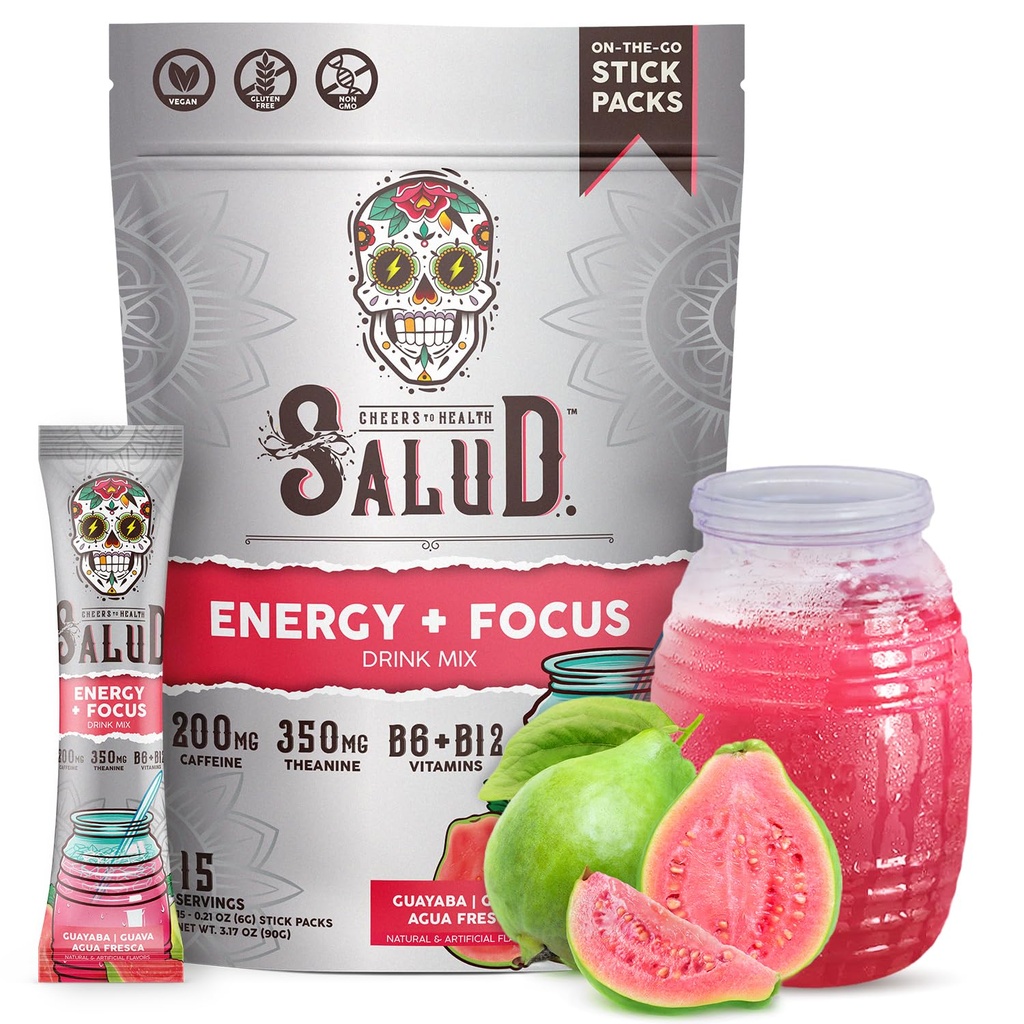 Salud 2-in-1 Energy Drink Powder + Focus, Guava, Organic Caffeine, B6 + B12, Theanine, Clean Energy Drink Packets, Guayaba Agua Fresca Mix, Non-GMO, Gluten Free, Vegan, 1g Zucker, (15 Portionen)