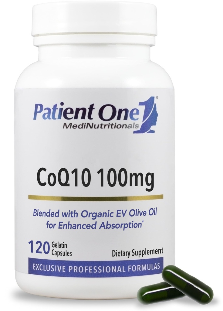 Patient One Coenzym Q10 (CoQ10) 100 mg | Antioxidans Ergänzung zur Unterstützung Herz- und Gefäßgesundheit* | mit Bio Olivenöl | 120 Kapseln