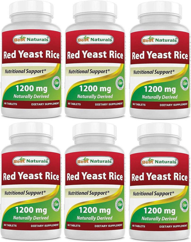 Migliore naturale rosso lievito di riso 1200 Mg Tablet per il livello di colesterolo sano, 60 conte (pacchetto di 6)