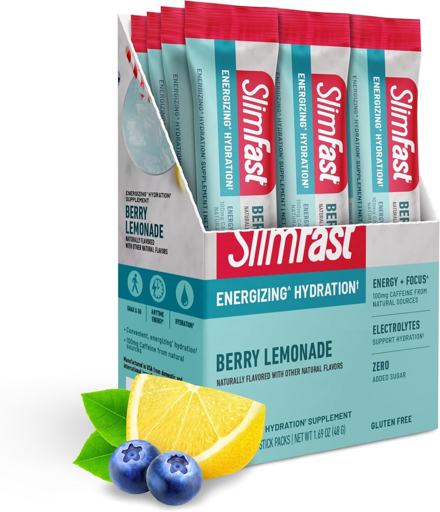 Packs d'hydratation SlimFast, Electrolytes à jeun intermittents, Packs de boissons, Poudre à jeun intermittente, Mélange de boissons à poudre énergétique, Caféine, Electrolytes pour l'hydratation, Cimonade de baies (12 comte)