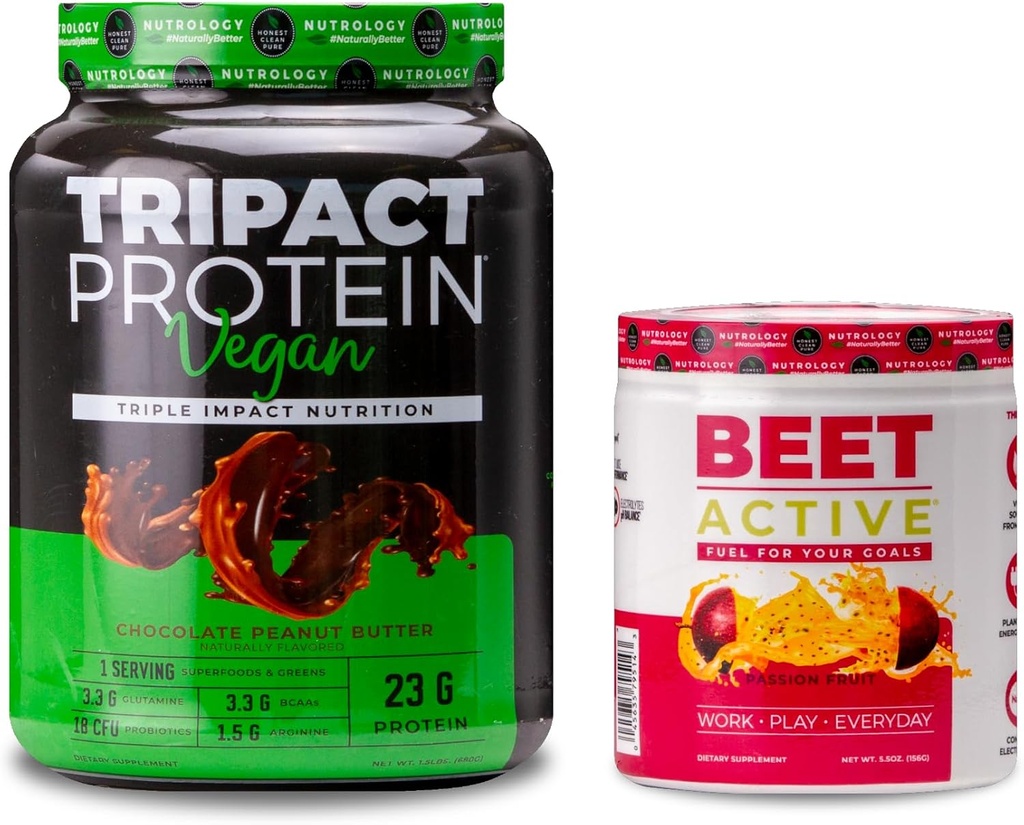 Nutrologia TRIPACT Vegan Protein Powder, per Vegan Protein Shakes, Chocolate Peanut Butter (20 Serve) & Beet Active, Passion Fruit Flavor (30 Serve)
