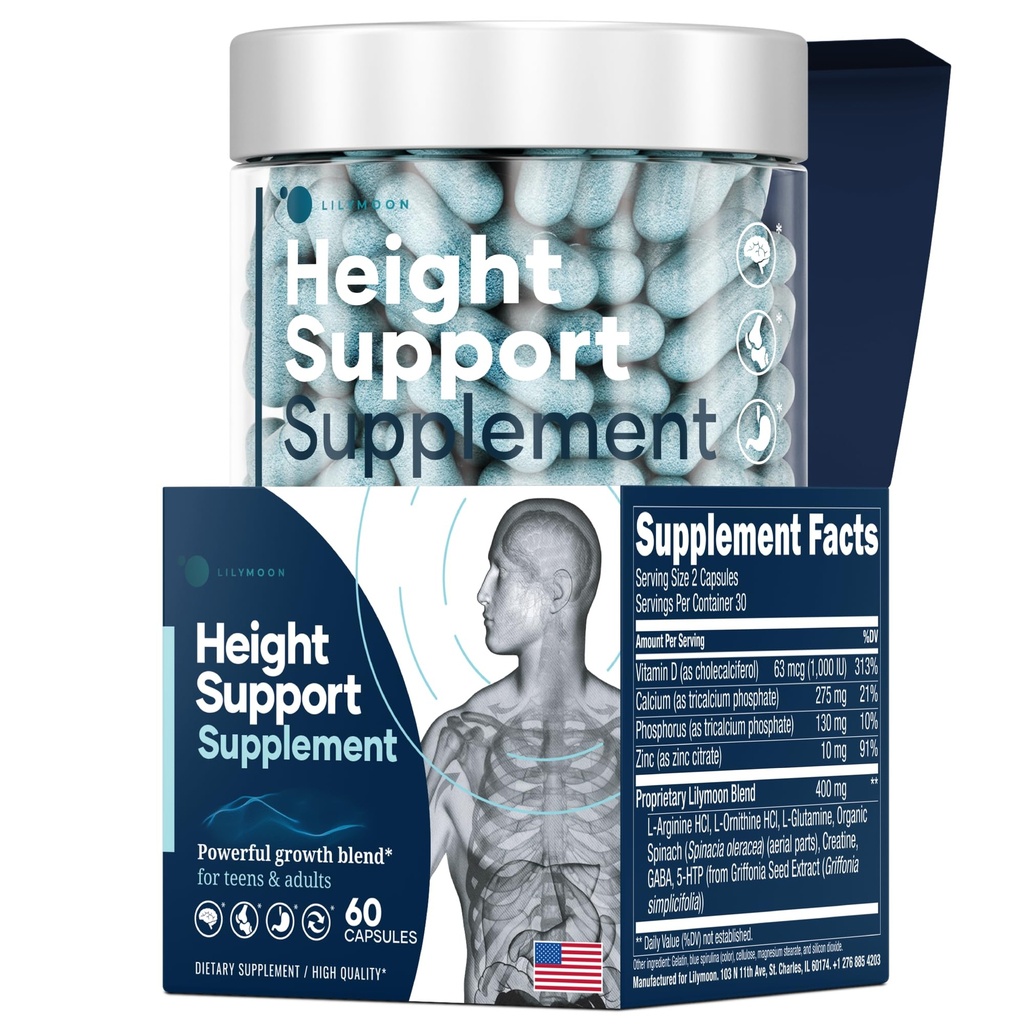 Supplément de soutien à la hauteur et aux os - Supplément de croissance à la hauteur pour les enfants et les adolescents avec du calcium - Formule de soutien nutritionnel pour la santé des os - Augmentation de la hauteur Vitamines essentielles - 60 capsules