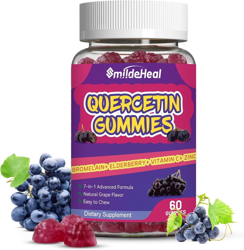 Gummies Quercetin 1200MG, Gummies Quercetin avec Bromelain, Zinc Vitamine C, Gummies supplémentaires Quercetin pour Adulte & Enfant, 60 Gummies Vegan