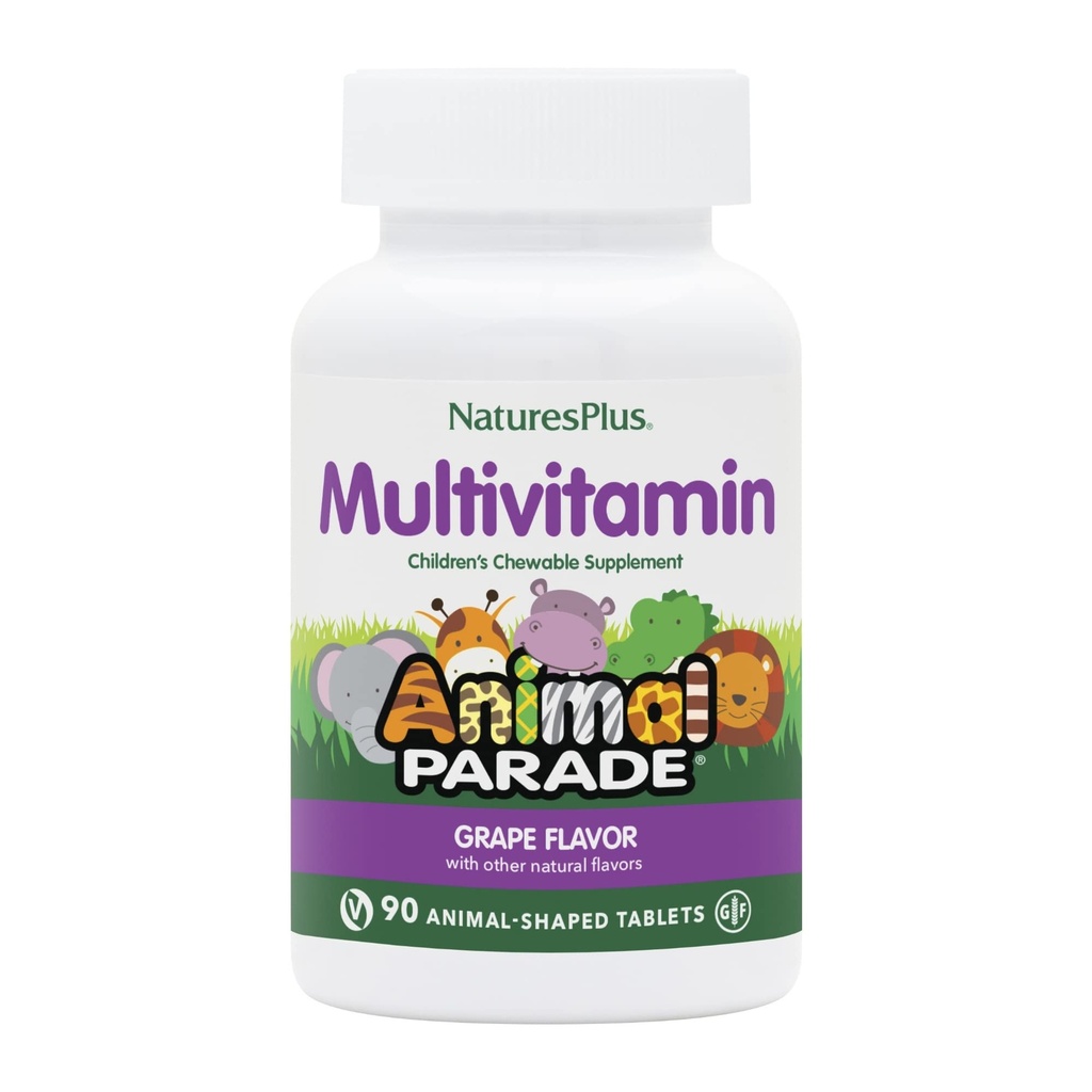 Natures Plus Animal Parade Children's Chewable Multivitamin - Uva Flavor - 90 compresse a base di animali - promuove salute e benessere - vegetariano, senza glutine - 45 porzioni