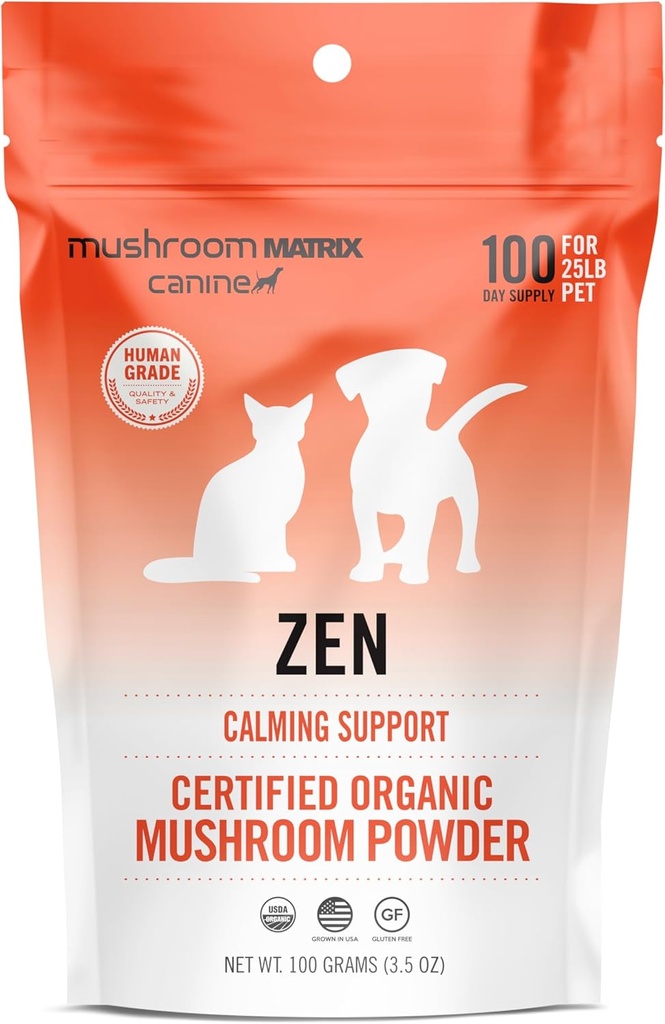 Om Mushroom Matrix Pet - Canine | Zen Matrix Mushroom Blend | USA Cresciuto Human-Grade Organic Mushroom Powder Pet Supplemento | Supporto calmante per cani e gatti | 100 Grammi, 3.5 oz