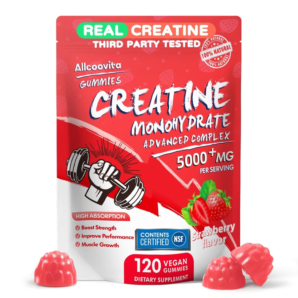 Creatina Monohydrate Gummies Complex per uomini e donne, 5 Grammi per servire Electrolyte Creatine Gummy per la resistenza muscolare, Muscle Builder, Energy Boost, Pre-Workout Supplement-120 Strawberry Gummies