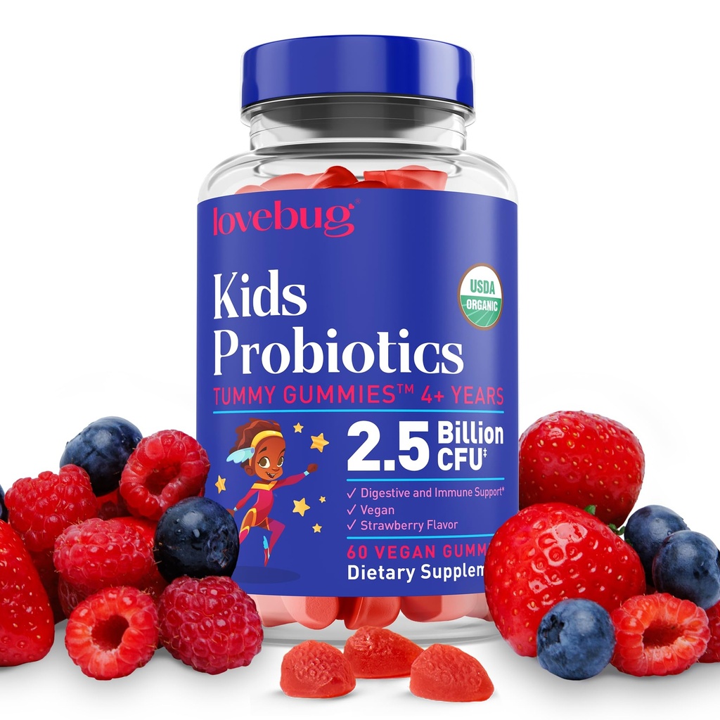 AMOURBUG Enfants Probiotiques Gommies – Probiotiques bio à croquer pour les enfants âgés de 4 ans et plus, Enfants à base de sol, Probiotiques pour la santé des gourdes,Constipation,Support digestif et immunitaire, Vegan, 60 Chews, Fraise