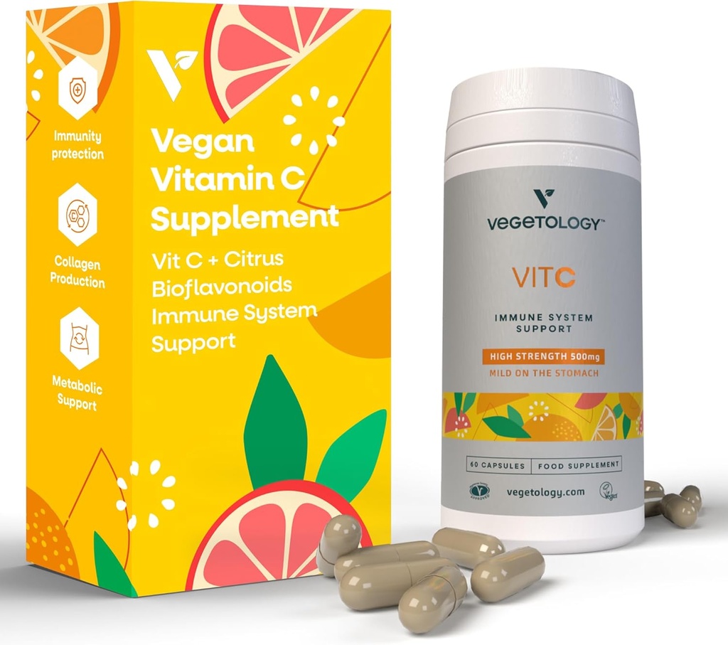 Integratori di vitamina C vegani — VIT C + Citrus Bioflavonoidi — Vitamine e Integratori di salute — Supplementi giornalieri (60 capsule) — Capsule di vitamina C 500mg — Supplementi agli antiossidanti