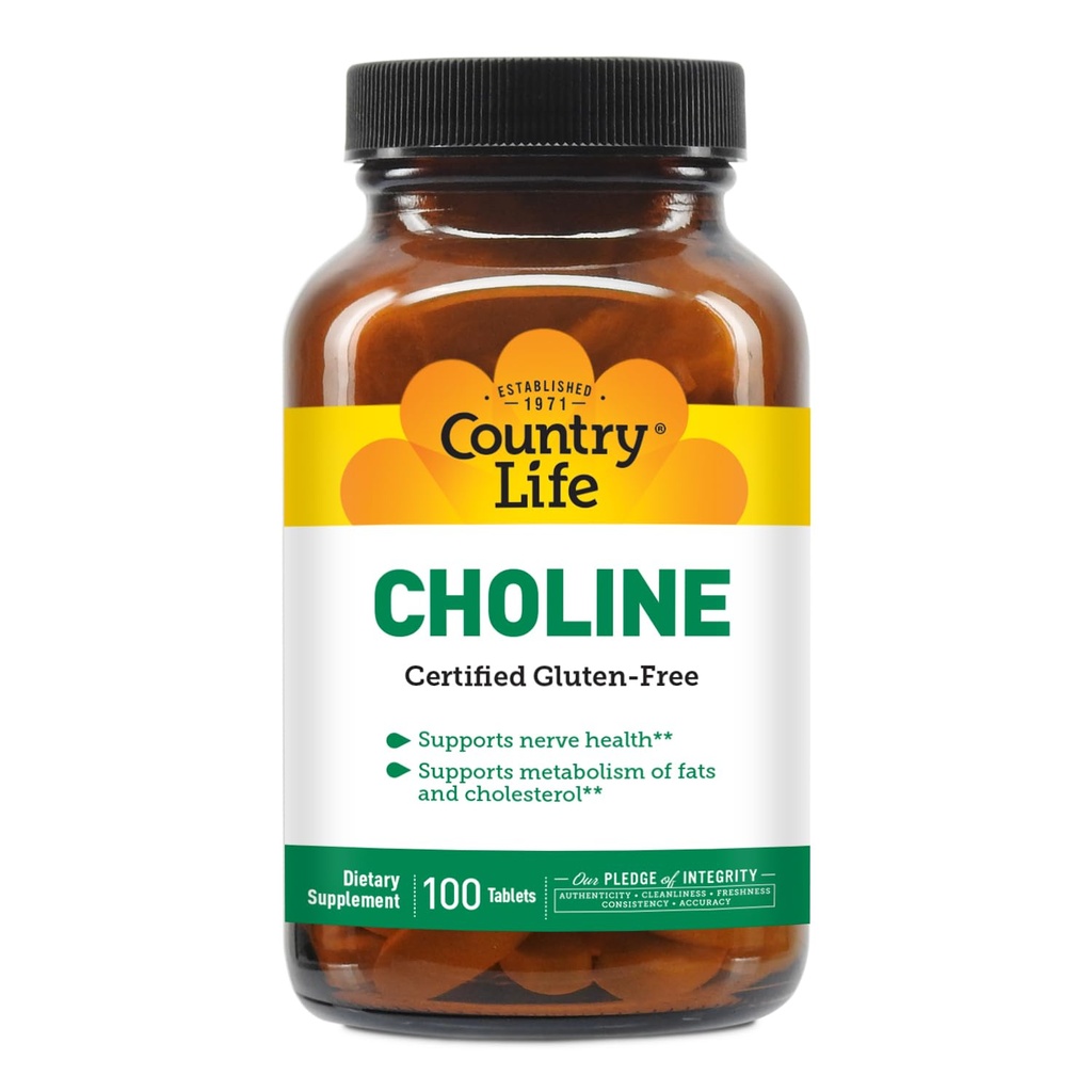 Country Life Choline 266mg, Certified Gluten Free, Certified Vegan, Certified Halal - 100 Tabletten