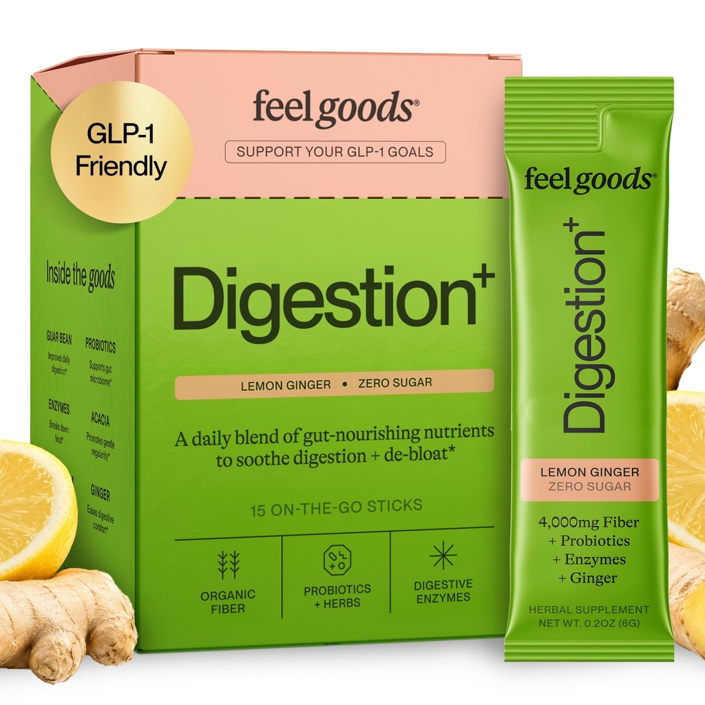 Feel Goods Gut Guardian, Organic Fiber, Probiotic & Prebiotic Powder, Sugar Free, Kräuter für Bloat, Gut Health Support, Verdauungsgesundheit für Männer und Frauen, Non GMO, Vegan, Lemon Ginger, 15 Count