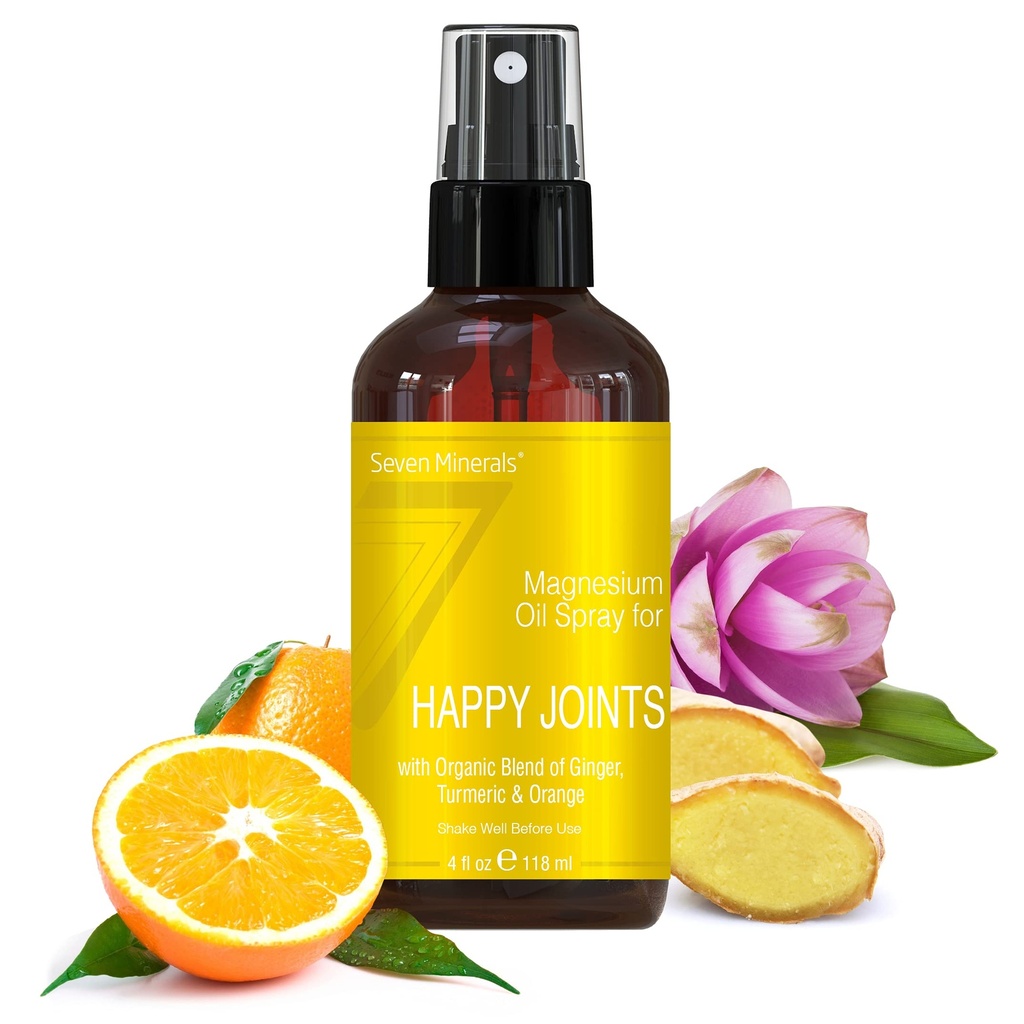 Sette minerali, Magnesio Happy Joints Spray - Potenti Stati Uniti Made Magnesium Oil Blend con oli essenziali (Turme, Ginger e Orange) - Free Ebook Incluso (4 fl oz)