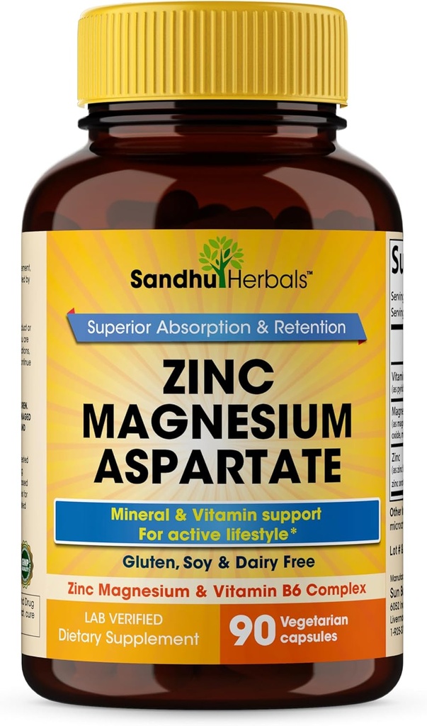 SANDHUHERBALS Zink Magnesium Aspartate Supplement 90 Kapseln| mit Vitamin B6 & Zink | Hohe Absorption, Schlaf und Immununterstützung | für Männer & Frauen