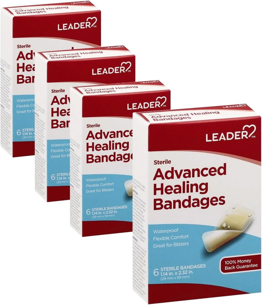 Leader Adhesive Bandagen Advanced Healing, Large One Size, 6 Count - Wasserdicht und flexibel - 4 Pack
