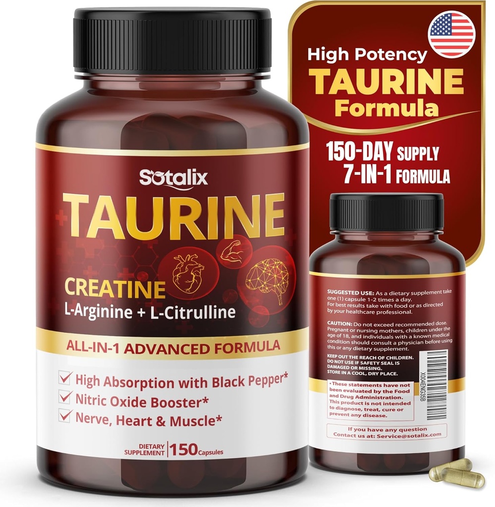 Taurine avec Créatine, L-Arginine, L-Citrulline Haute Absorption avec Booster d'oxyde nitrique de poivre noir, Muscle USA Fabriqué et testé (150 Compte (paquet de 1))