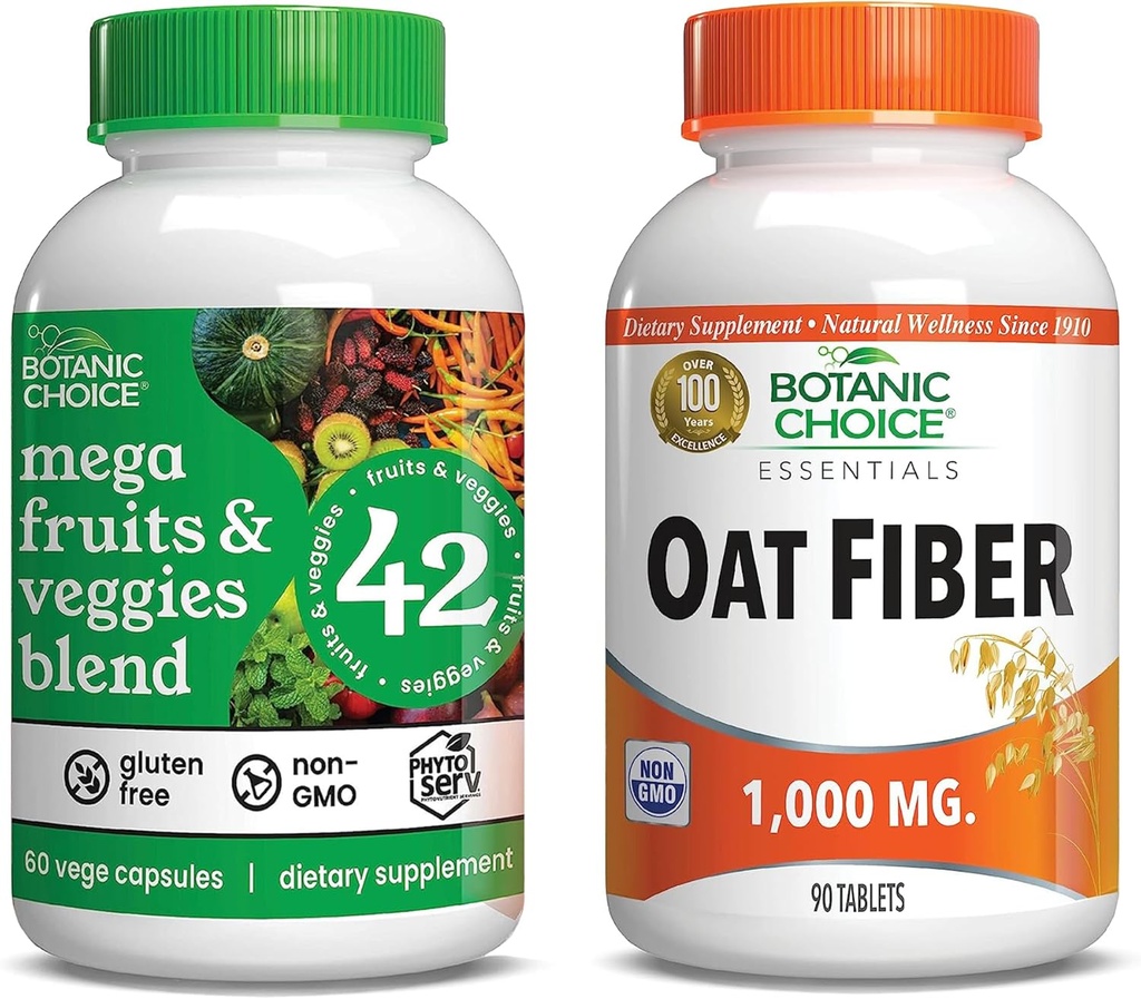 Botanische Wahl Mega Fruits and Veggies Blend (60 Kapseln) + Oat Fiber (90 Tabletten) Bundle - Energy Balance & Superfood Supplement + Digestive Health Support