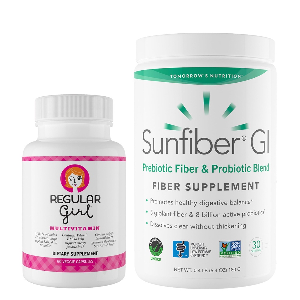 Fille régulière de demain nutrition, femmes Multivitamine (30 portions) et Sunfibre GI poudre probiotique (30 portions) Bundle, énergie et faible soutien digestif FODMAP