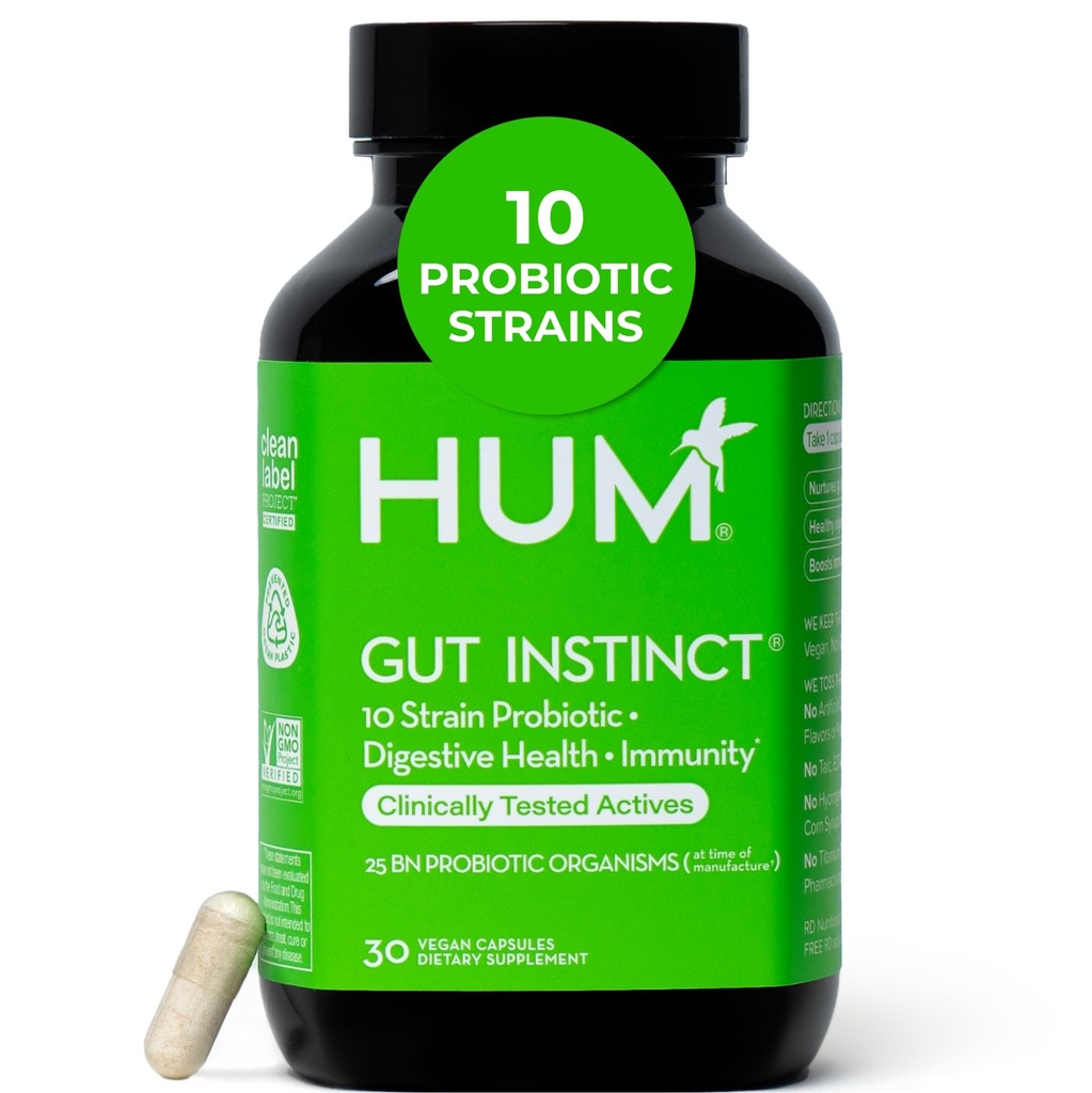 HUM Gut Instinct Daily Probiotics for Women and Men, Salute Digestiva, Lactobacillus, Bifidobacterium Strains for Immune Support, Probiotic Supplement for Healthy Gut Diversity, 30 Capsule