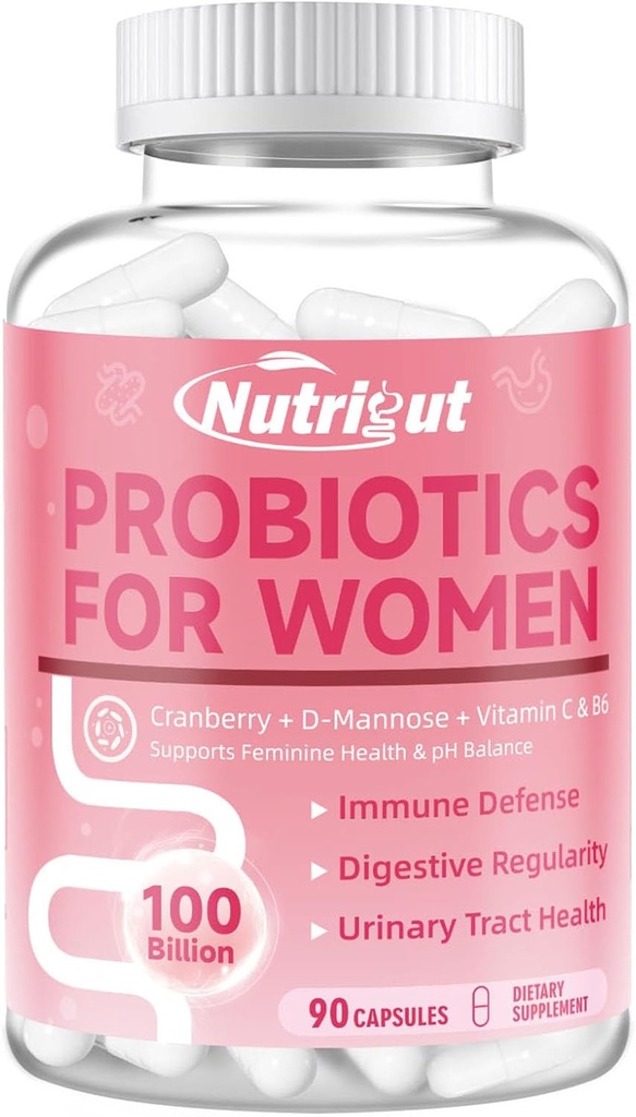 Probiotiques pour les femmes 100 milliards d'UFC Probiotiques et prébiotiques avec enzymes digestives pour la santé des intestins, probiotiques vaginaux avec canneberge et D-mannose pour la santé urinaire, pH Balance, 90 capsules